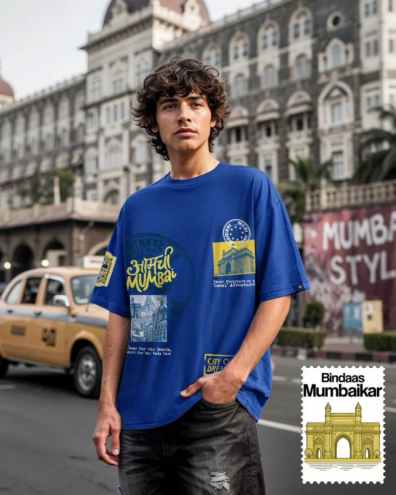 bewakoof Men's Blue Aamchi Mumbai Graphic Printed Oversized T-shirt